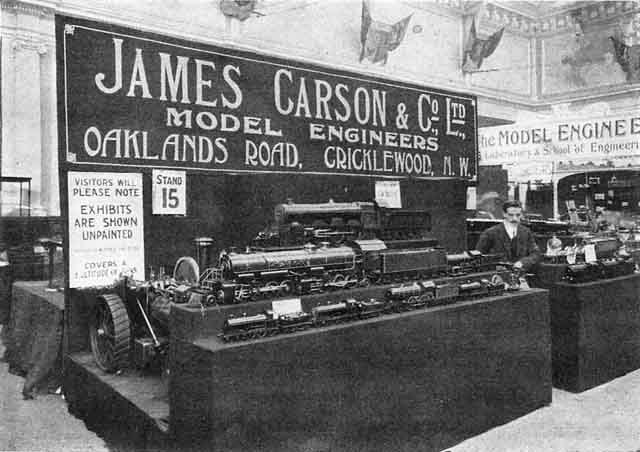 An exhibition stand of “James Carson & Co., Ltd.”, displaying model steam engines of various scales